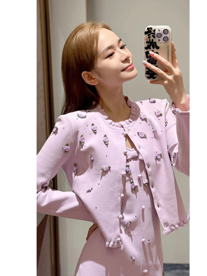 {EAM} French girl three-dimensional flower hot drill ear long sleeve knitted cardigan coat slim halter dress set DLZ260