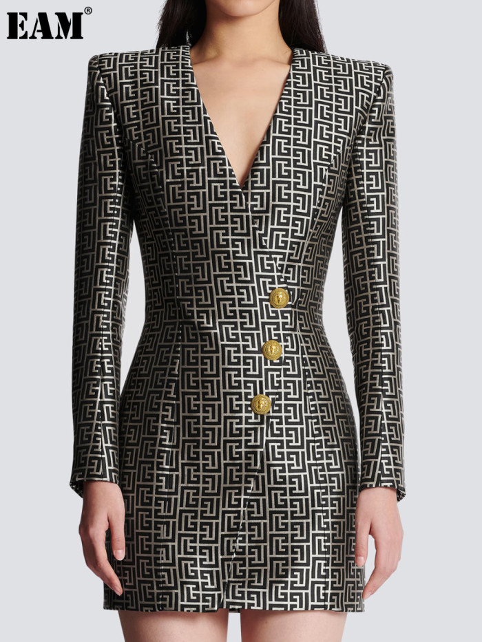 {EAM}Spring and autumn Europe and the United States new fashion jacquard fabric V-neck slimming three-button long-sleeved dress coat DLZ248