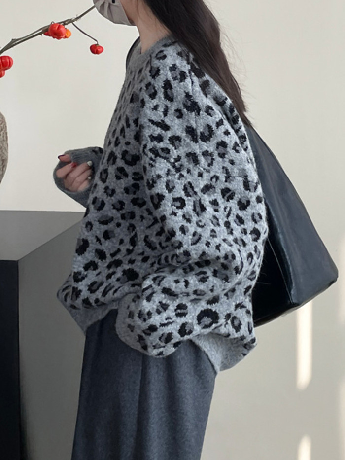 LANMREM Fashion Leopard Knitted Sweater Women's Round Neck Long Sleeves Pullover Tops Casual Autumn Winter New Clothing 2VV1846