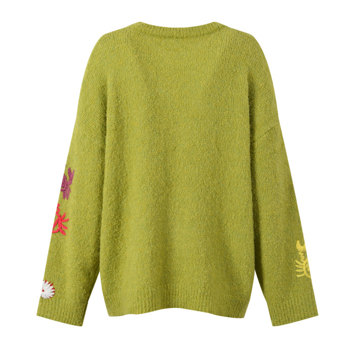 {EAM} Autumn and winter new lazy style round neck embroidery knitwear women retro temperament loose pullover sweater top DLZ261