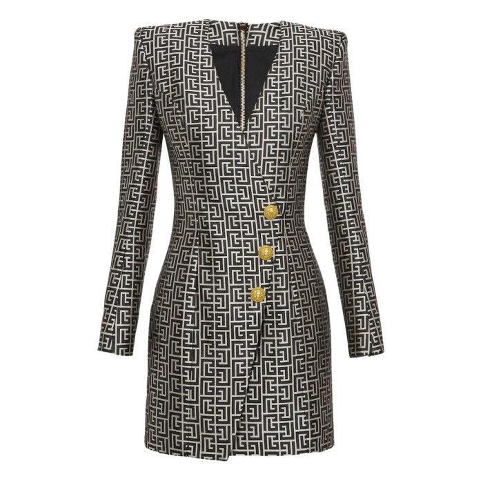 {EAM}Spring and autumn Europe and the United States new fashion jacquard fabric V-neck slimming three-button long-sleeved dress coat DLZ248