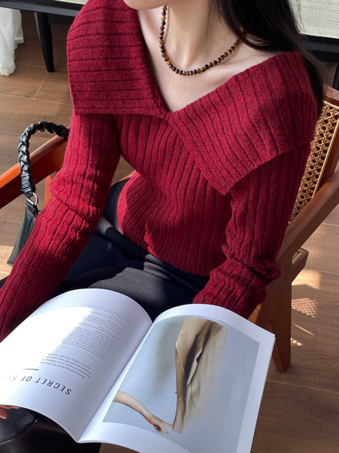 LANMREM Versatile Knitted V Neck Sweater Women's Solid Color Long Sleeves Pullover Tops Casual Autumn Winter New 2VV1845