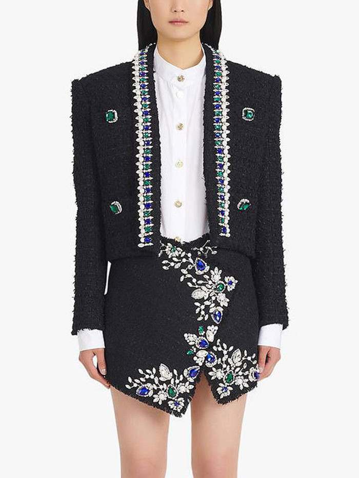 {EAM}High quality new ladylike commuter black premium heavy industry nailed beaded top sweater cardigan coat DLZ249