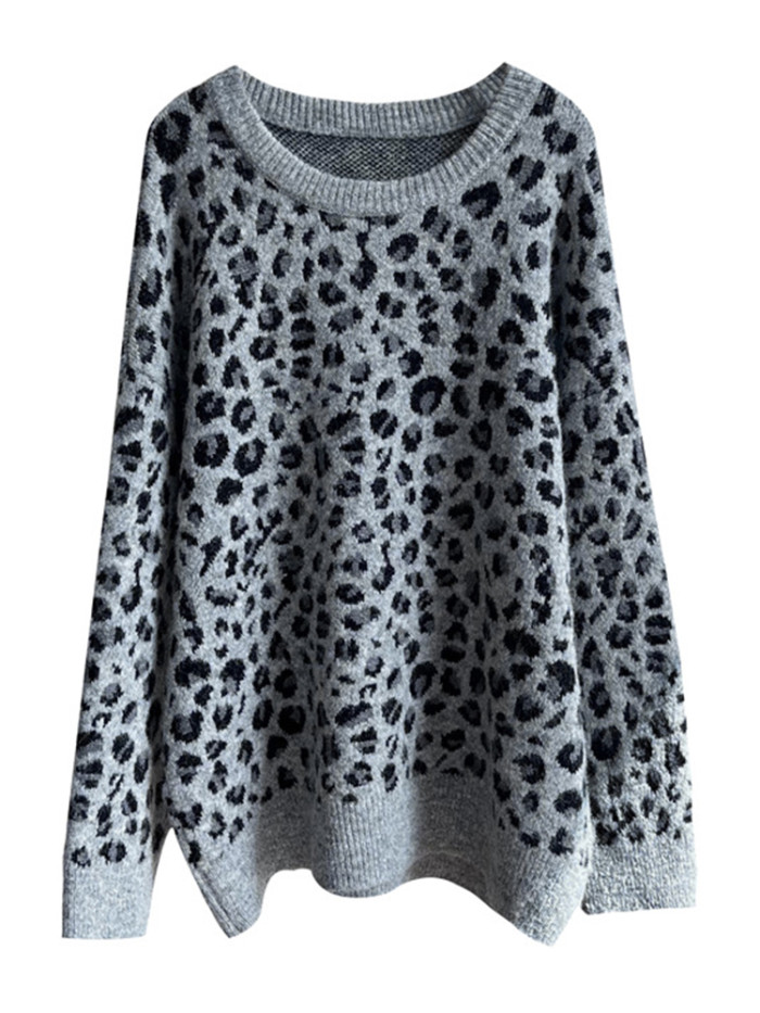 LANMREM Fashion Leopard Knitted Sweater Women's Round Neck Long Sleeves Pullover Tops Casual Autumn Winter New Clothing 2VV1846