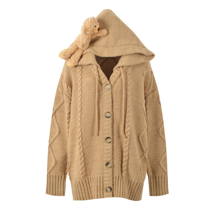 {EAM} Autumn and winter new design sense three-dimensional bear doll loose medium long hooded cardigan coat DLZ265