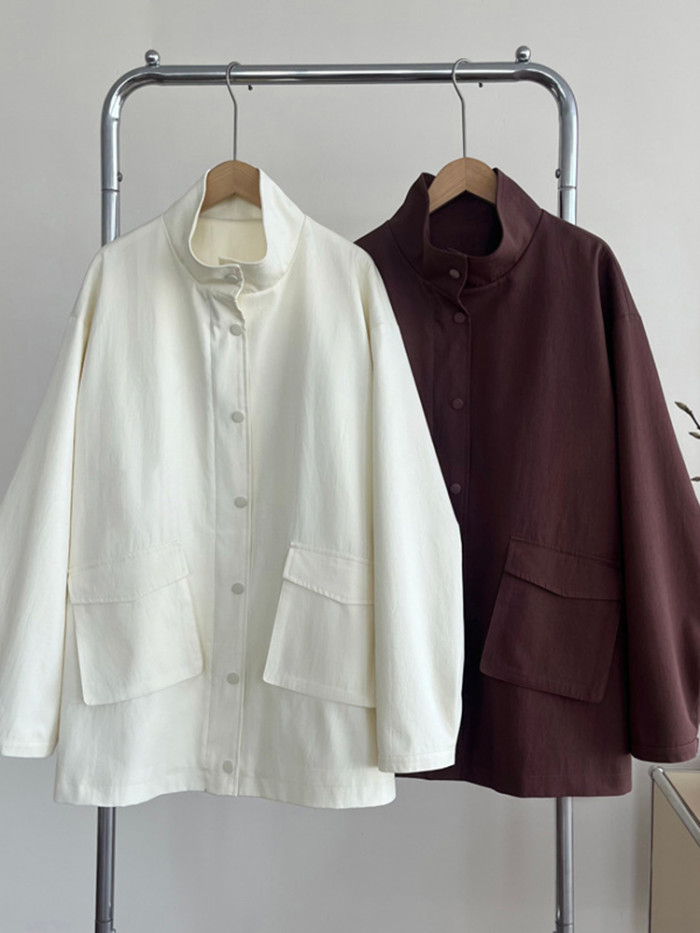 LANMREM Fashion Solid Color Women's Jackets Stand Collar Long Sleeves Zipper Pockets Coat Casual 2025 Spring New 2VV1850