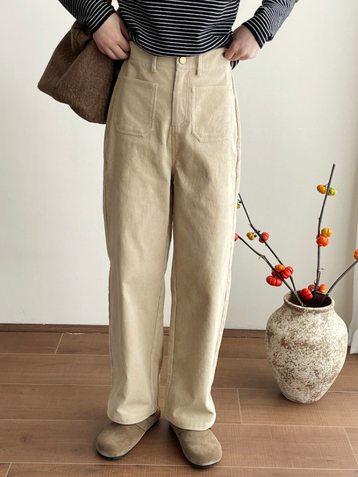 LANMREM Office Lady Corduroy Long Pants Women's High Waist Solid Color Slim Trousers Versatile 2025 Spring New Clothing 2VV1843