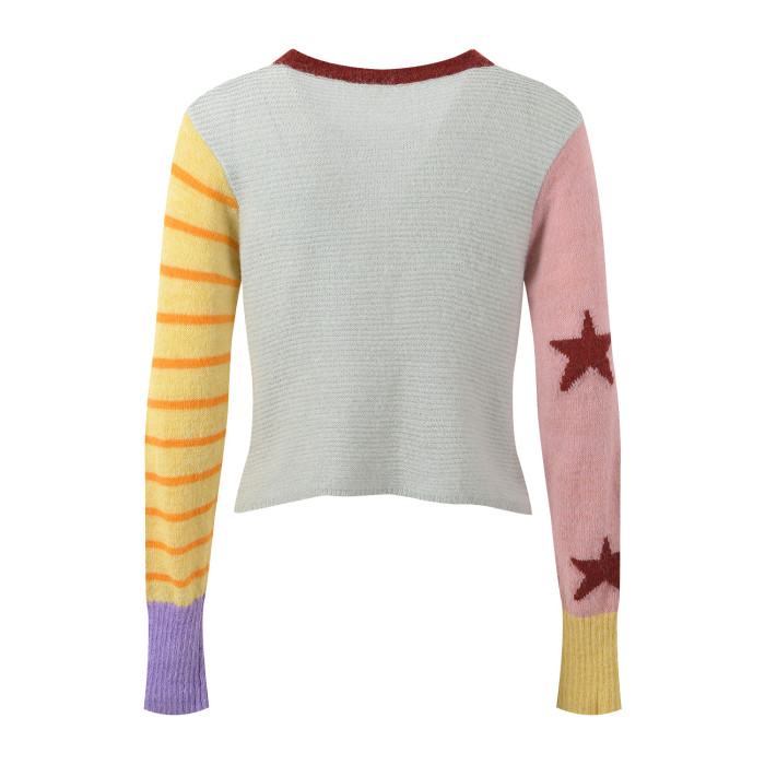 {EAM} Early autumn style contrast color embroidery cartoon pattern knitted cardigan slim slim fashion all matching niche top DLZ266