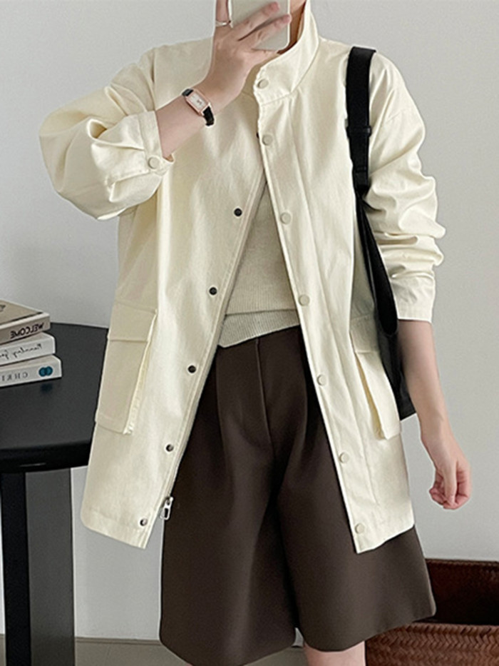 LANMREM Fashion Solid Color Women's Jackets Stand Collar Long Sleeves Zipper Pockets Coat Casual 2025 Spring New 2VV1850
