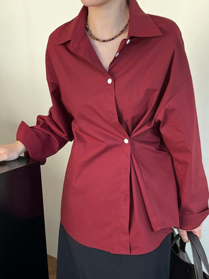 LANMREM Office Lady Solid Color Women's Shirt Lapel Irregular Single Breasted Folds Tops Versatile 2025 Spring New 2VV1848