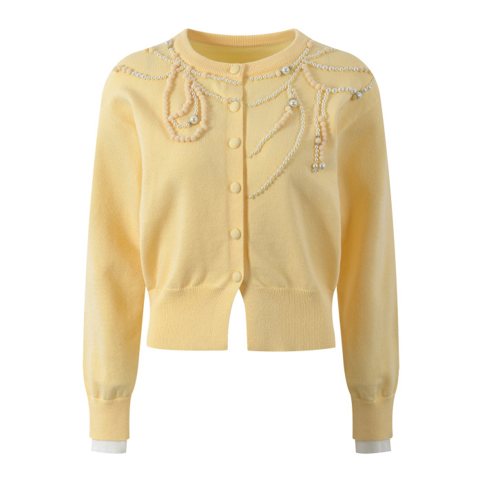 {EAM} Niche design sense bead chain decoration fashion blouse 2024 fall age slimming short knit cardigan DLZ264