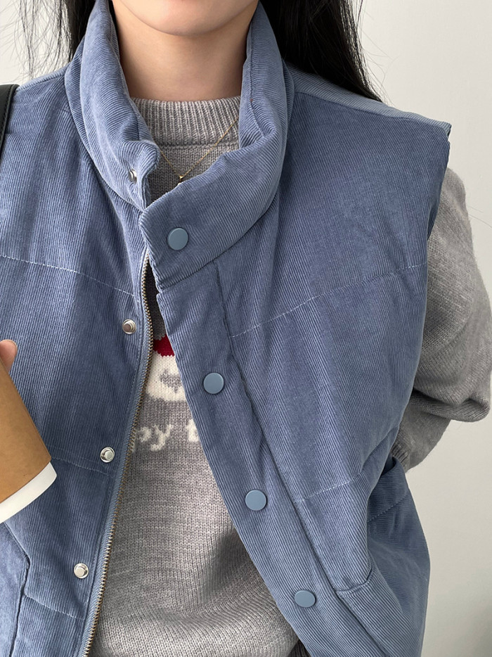 LANMREM Winter Warm Corduroy Cotton Vest Coat Women's Stand Collar Sleeveless Solid Color Single Breasted Clothing 2VV1842