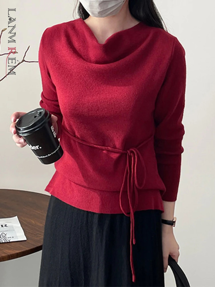 LANMREM Versatile Knitted Pullover Sweater Women's Solid Color Long Sleeves Bandage Pullover Tops Casual New Clothing 2VV1844