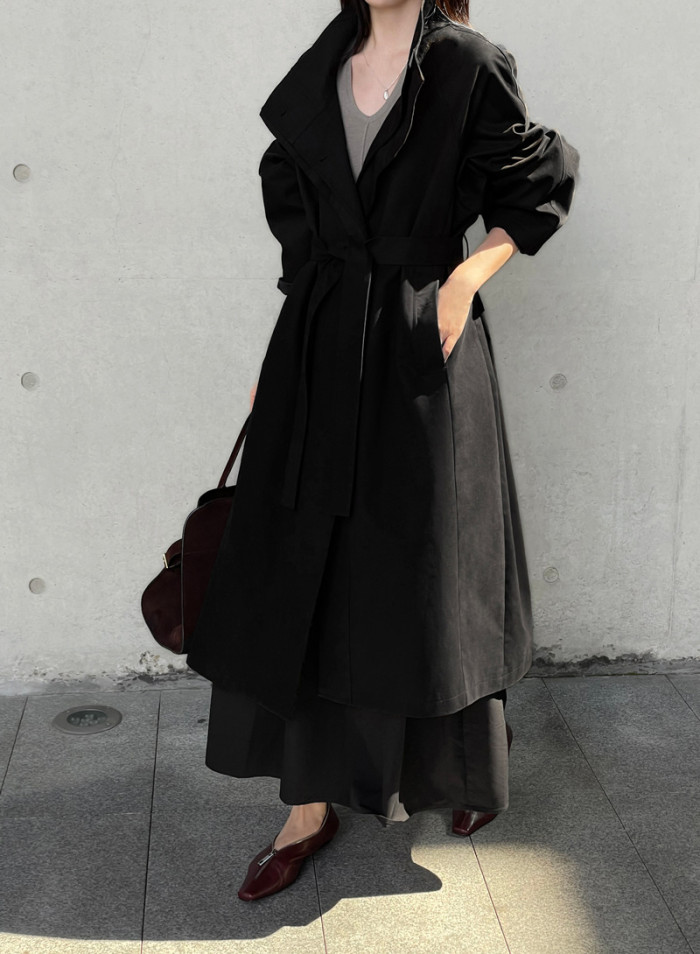 LANMREM Office Lady Solid Color Trench Coat Women's Stand Collar Belt Gathered Waist Long Windbreaker 2025 Spring New 2VV1849