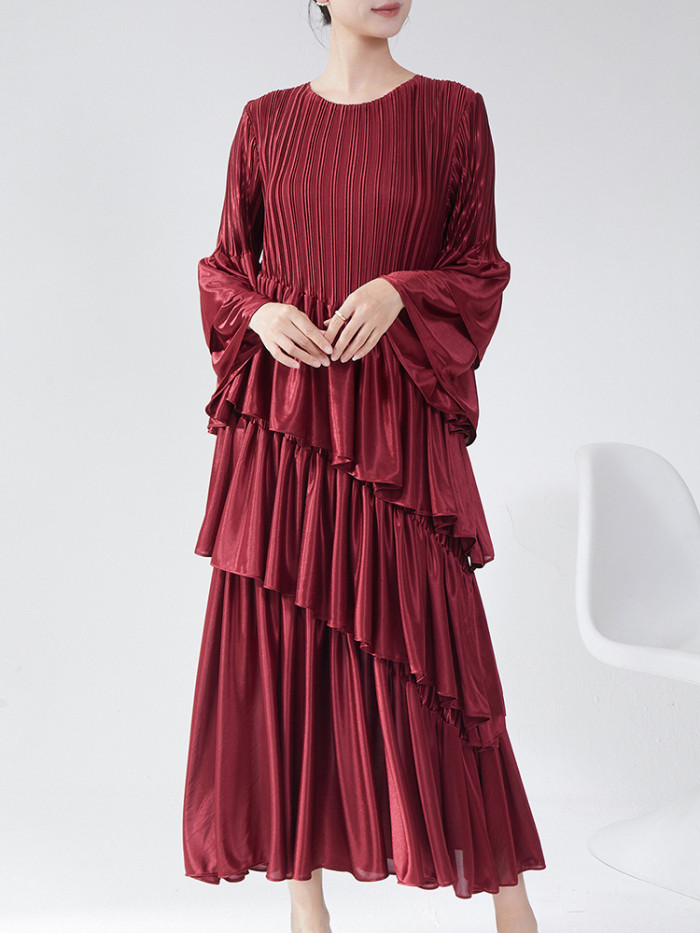 LANMREM High-end Round Neck Flared Sleeve Cake Dress Female Ruffles Long Pleated Dresses 2025 Spring New Elegant Clothes 2DB1598