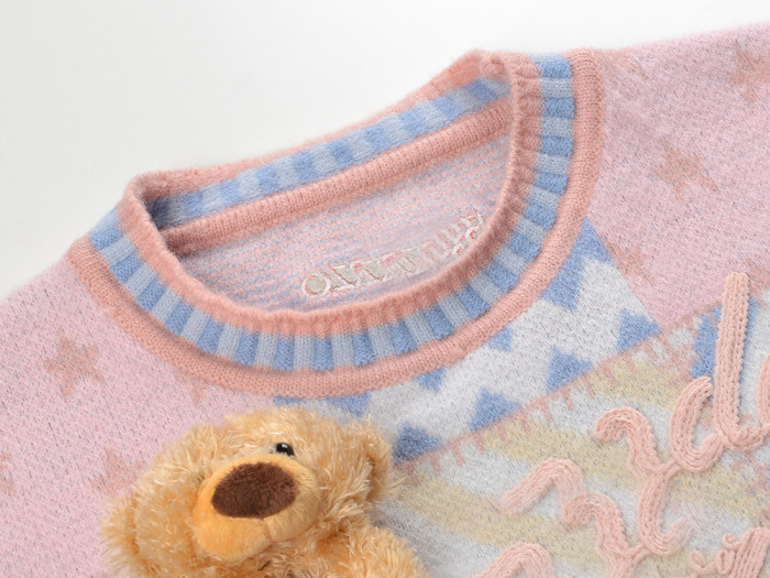 {EAM} Autumn and winter new jacquard rope embroidery hairball short sweater sweet age reduction round neck color contrast short sweater DLZ262