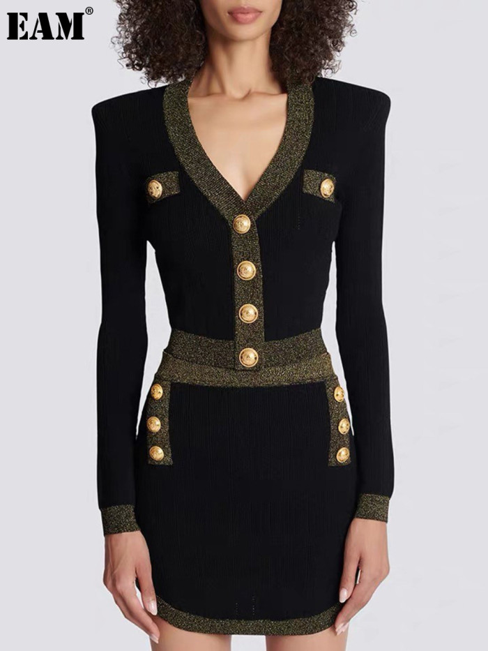 {EAM} Spring new long-sleeved V-neck sweater top fashion woolen cardigan all-matching coat DLZ256