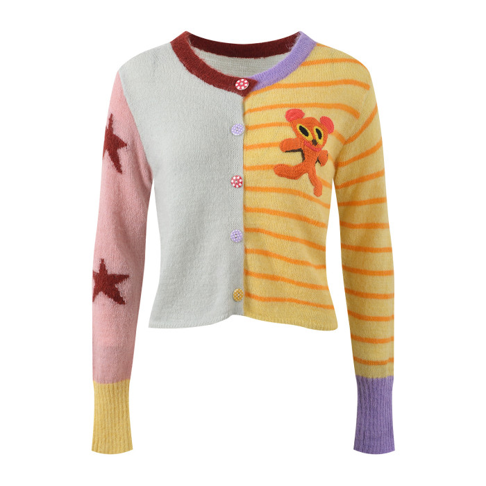 {EAM} Early autumn style contrast color embroidery cartoon pattern knitted cardigan slim slim fashion all matching niche top DLZ266