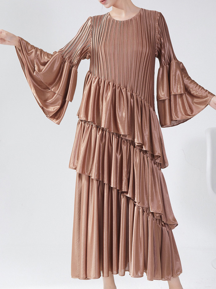 LANMREM High-end Round Neck Flared Sleeve Cake Dress Female Ruffles Long Pleated Dresses 2025 Spring New Elegant Clothes 2DB1598