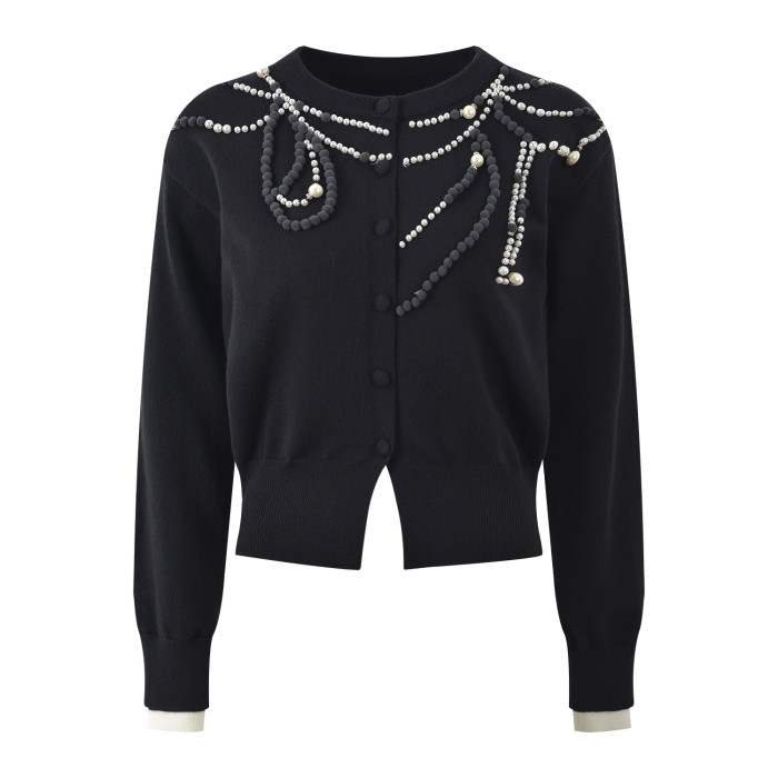 {EAM} Niche design sense bead chain decoration fashion blouse 2024 fall age slimming short knit cardigan DLZ264