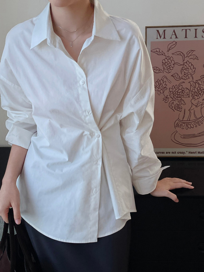 LANMREM Office Lady Solid Color Women's Shirt Lapel Irregular Single Breasted Folds Tops Versatile 2025 Spring New 2VV1848