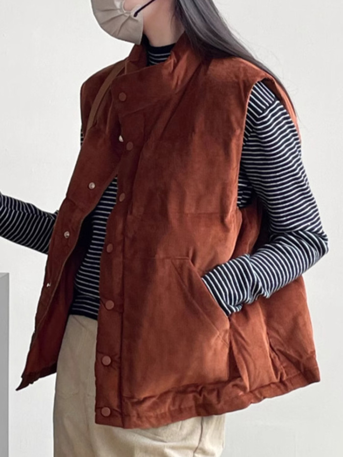 LANMREM Winter Warm Corduroy Cotton Vest Coat Women's Stand Collar Sleeveless Solid Color Single Breasted Clothing 2VV1842