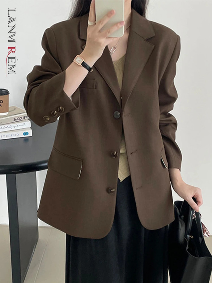 LANMREM Office Lady Solid Color Women's Blazer Notched Collar Long Sleeves Single Breasted Coat Fashion New Clothing 2VV1847
