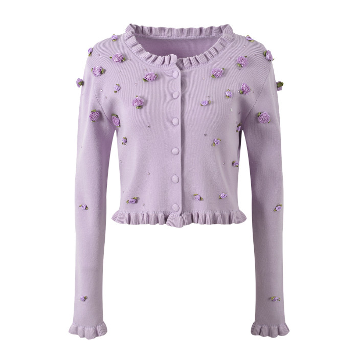 {EAM} French girl three-dimensional flower hot drill ear long sleeve knitted cardigan coat slim halter dress set DLZ260