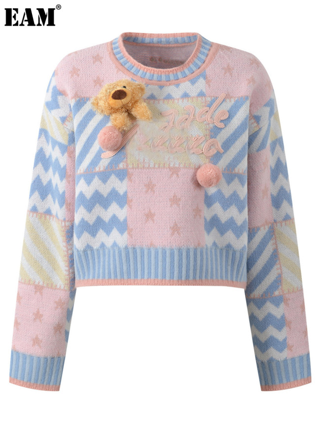 {EAM} Autumn and winter new jacquard rope embroidery hairball short sweater sweet age reduction round neck color contrast short sweater DLZ262