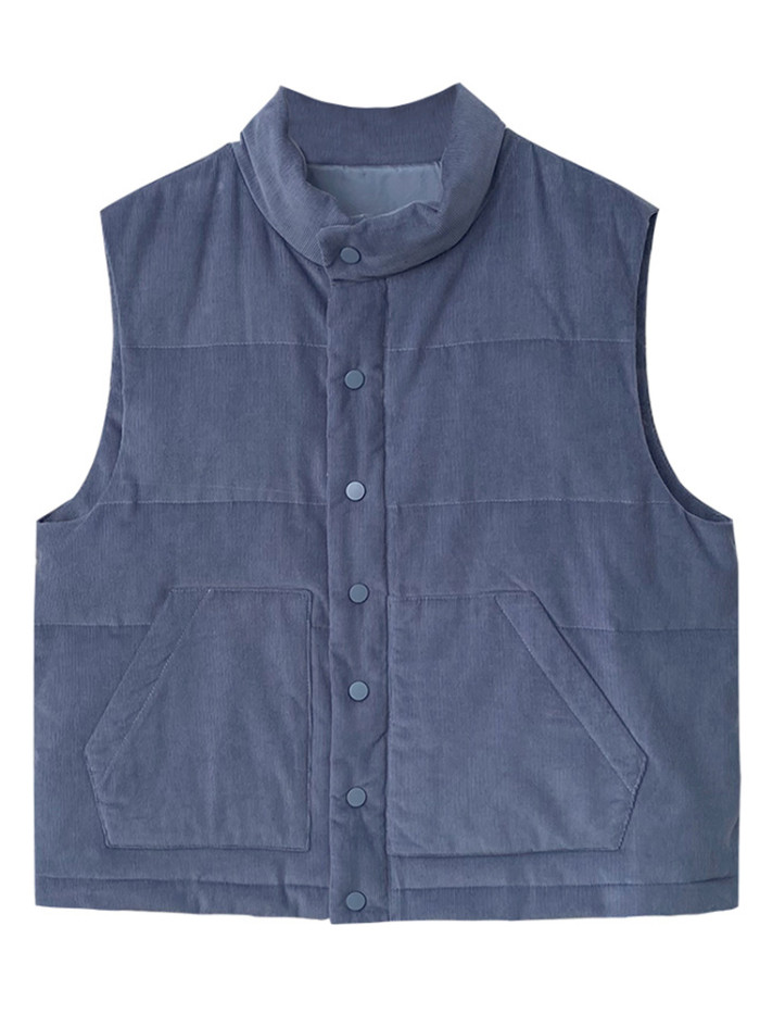 LANMREM Winter Warm Corduroy Cotton Vest Coat Women's Stand Collar Sleeveless Solid Color Single Breasted Clothing 2VV1842