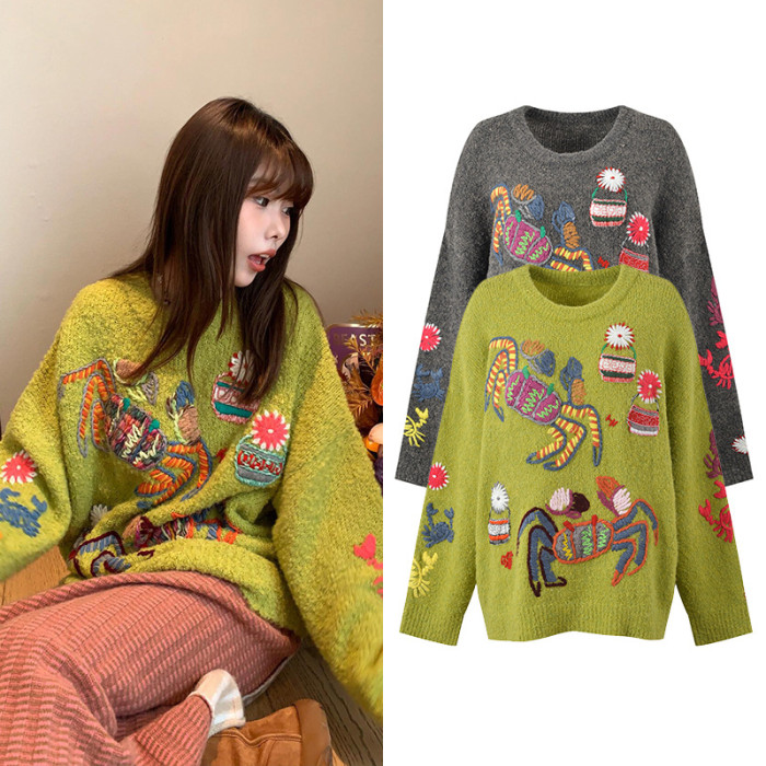 {EAM} Autumn and winter new lazy style round neck embroidery knitwear women retro temperament loose pullover sweater top DLZ261