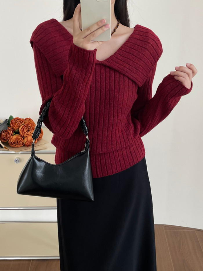 LANMREM Versatile Knitted V Neck Sweater Women's Solid Color Long Sleeves Pullover Tops Casual Autumn Winter New 2VV1845