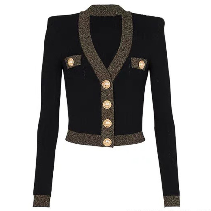 {EAM} Spring new long-sleeved V-neck sweater top fashion woolen cardigan all-matching coat DLZ256