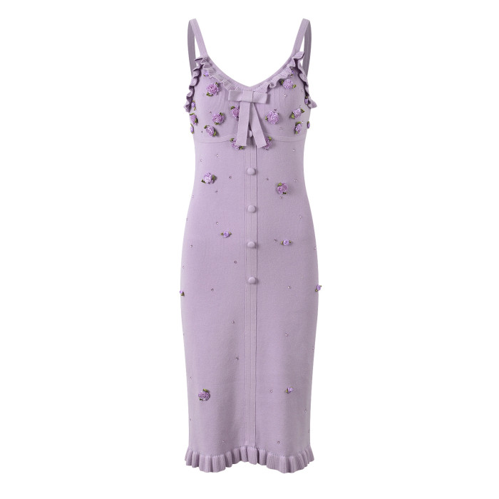 {EAM} French girl three-dimensional flower hot drill ear long sleeve knitted cardigan coat slim halter dress set DLZ260