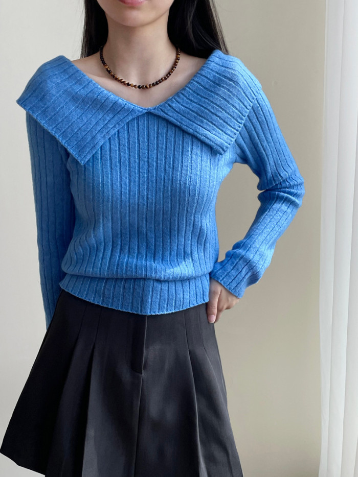 LANMREM Versatile Knitted V Neck Sweater Women's Solid Color Long Sleeves Pullover Tops Casual Autumn Winter New 2VV1845
