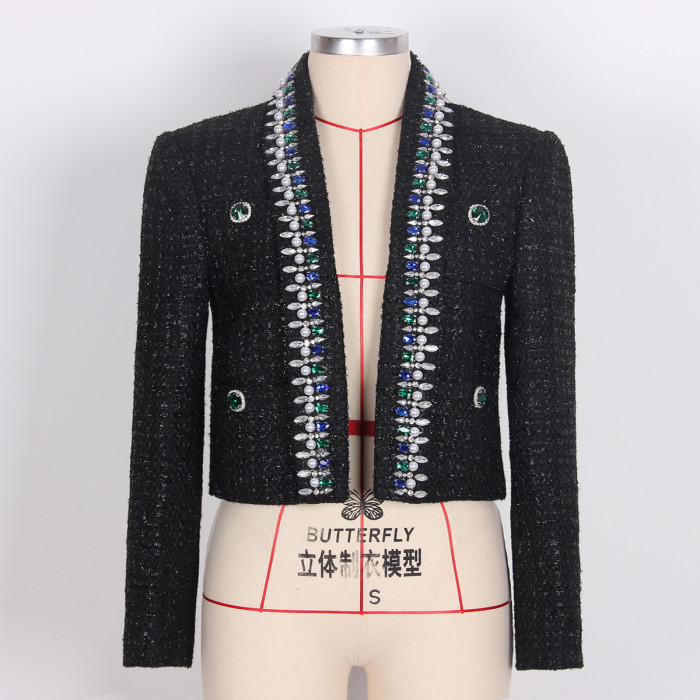{EAM}High quality new ladylike commuter black premium heavy industry nailed beaded top sweater cardigan coat DLZ249