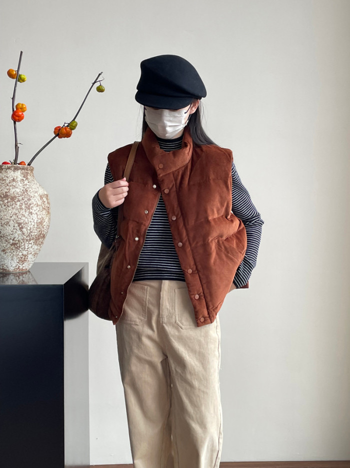 LANMREM Winter Warm Corduroy Cotton Vest Coat Women's Stand Collar Sleeveless Solid Color Single Breasted Clothing 2VV1842