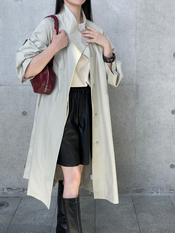 LANMREM Office Lady Solid Color Trench Coat Women's Stand Collar Belt Gathered Waist Long Windbreaker 2025 Spring New 2VV1849