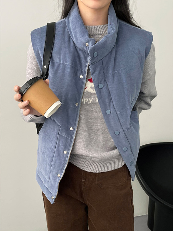 LANMREM Winter Warm Corduroy Cotton Vest Coat Women's Stand Collar Sleeveless Solid Color Single Breasted Clothing 2VV1842