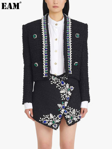{EAM}High quality new ladylike commuter black premium heavy industry nailed beaded top sweater cardigan coat DLZ249