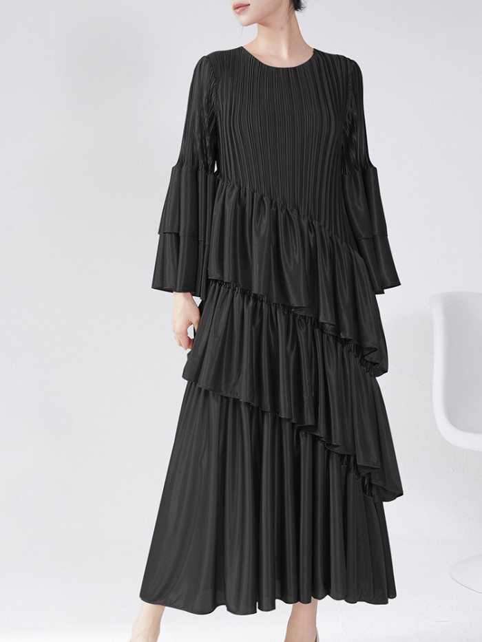 LANMREM High-end Round Neck Flared Sleeve Cake Dress Female Ruffles Long Pleated Dresses 2025 Spring New Elegant Clothes 2DB1598