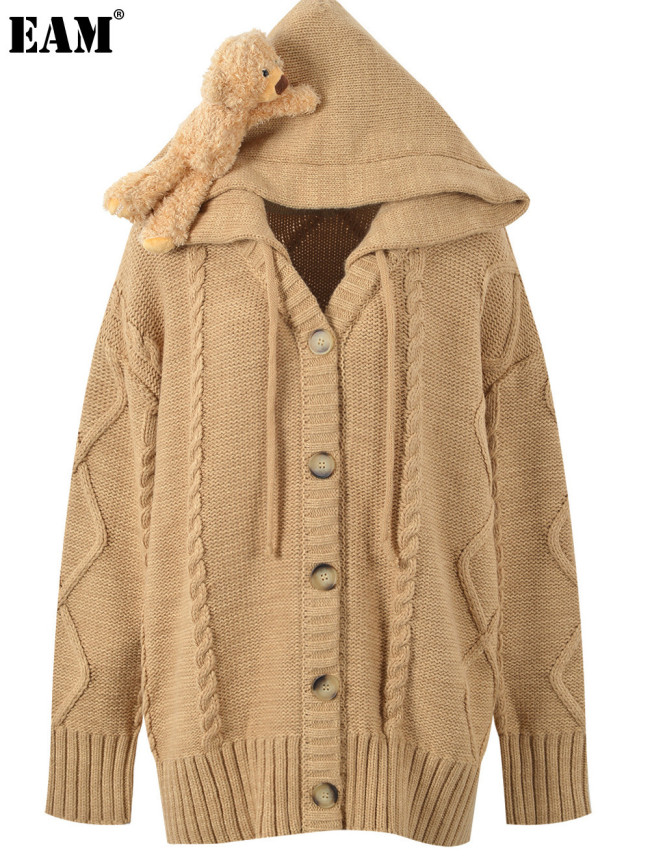 {EAM} Autumn and winter new design sense three-dimensional bear doll loose medium long hooded cardigan coat DLZ265