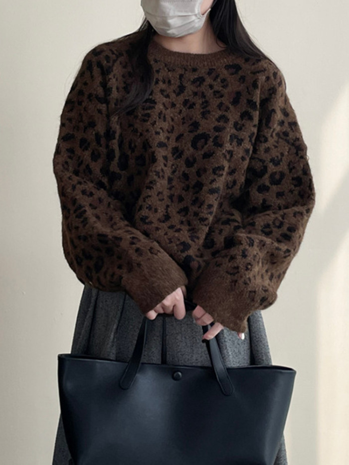 LANMREM Fashion Leopard Knitted Sweater Women's Round Neck Long Sleeves Pullover Tops Casual Autumn Winter New Clothing 2VV1846