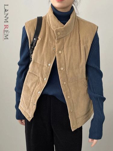 LANMREM Winter Warm Corduroy Cotton Vest Coat Women's Stand Collar Sleeveless Solid Color Single Breasted Clothing 2VV1842