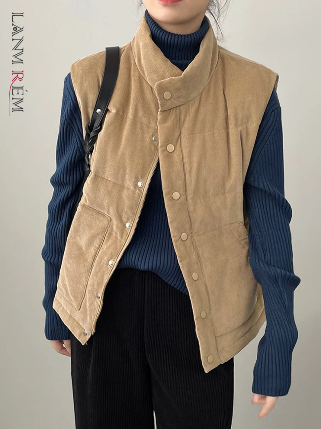 LANMREM Winter Warm Corduroy Cotton Vest Coat Women's Stand Collar Sleeveless Solid Color Single Breasted Clothing 2VV1842