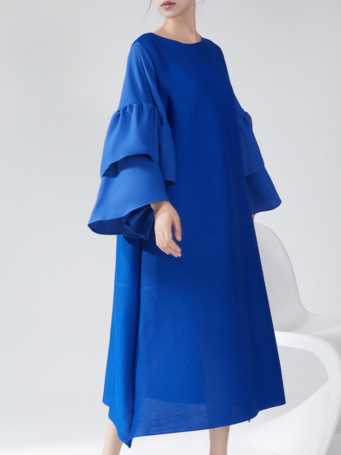 LANMREM Pleated Dress Women Round Neck Stitching Flared Sleeves Loose Mid Length Dresses Female Elegant 2025 Spring New 2DB1599