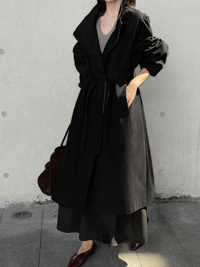 LANMREM Office Lady Solid Color Trench Coat Women's Stand Collar Belt Gathered Waist Long Windbreaker 2025 Spring New 2VV1849