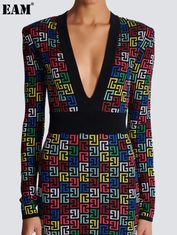 {EAM}Colorful jacquard sexy deep V-short dress, fashionable and hot socialite party dress DLZ257