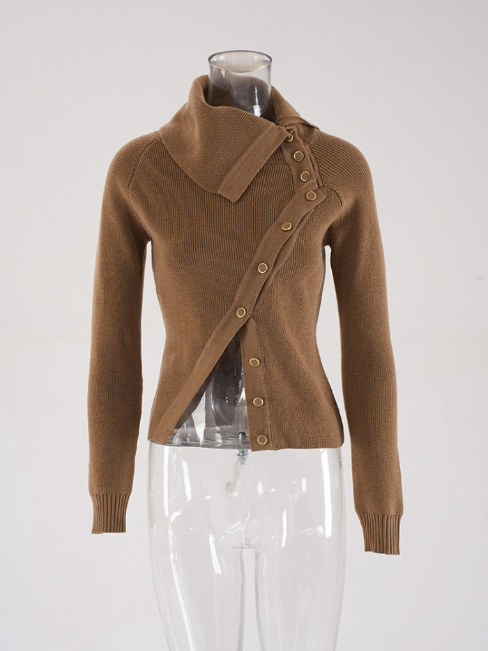 DEAT Fashion Women's Melard Brown Color Knitted Tops Irregular Lapel Slim Long Sleeves Button Sweater Autumn  CPDB243