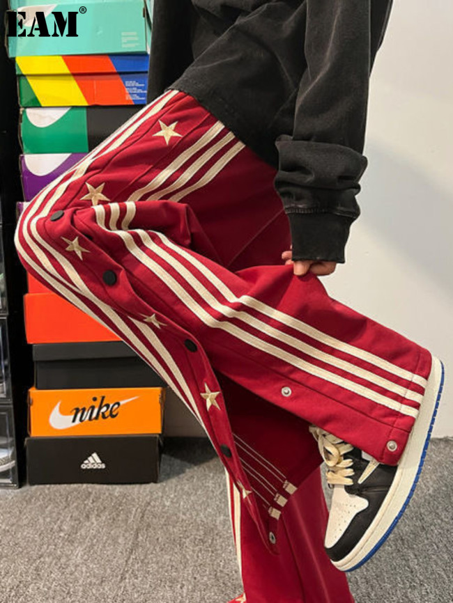 {EAM} European and American hiphop pants ins high street wine red breasted pants vibe style men and women design sense of three-bar pants DLZ272